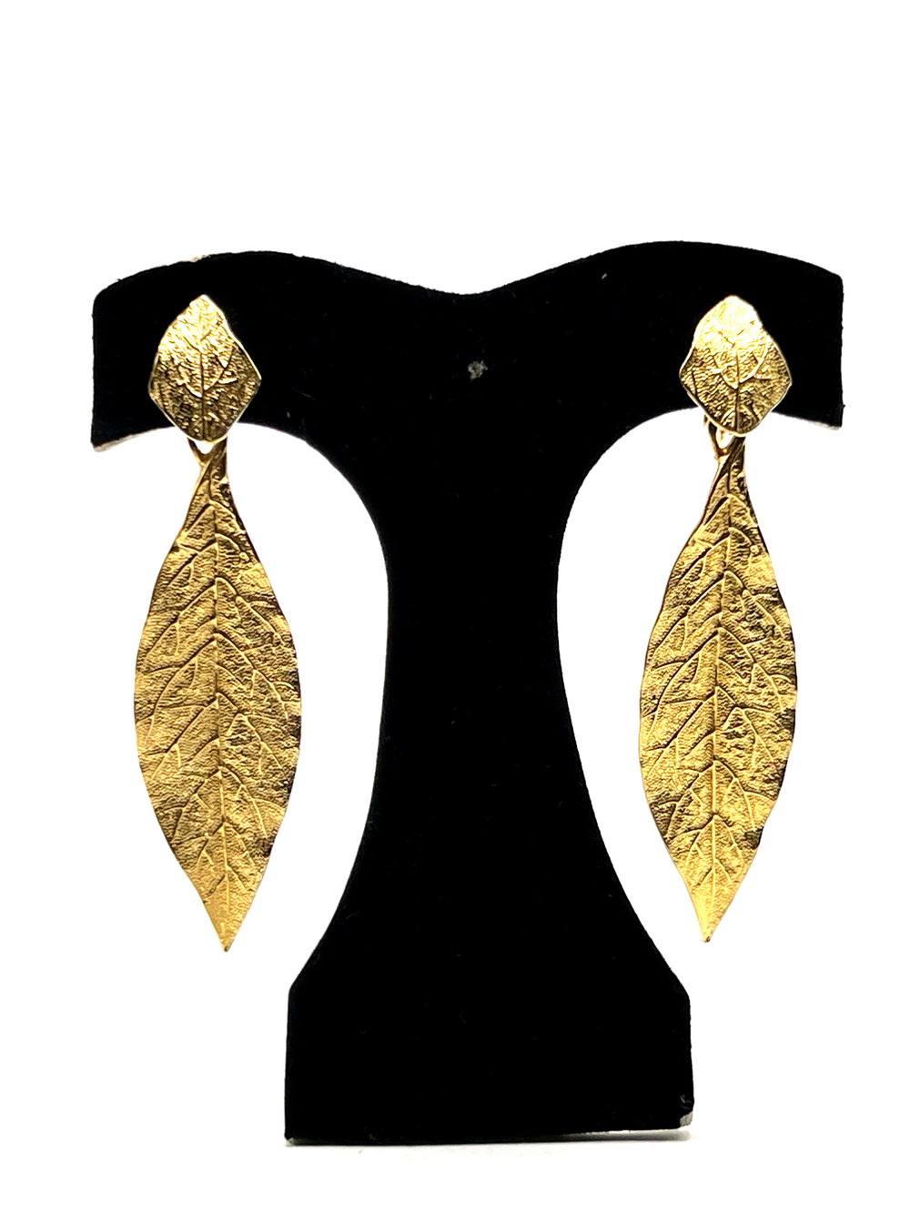 Vtg Signed GOLDETTE Earrings Textured Gold Dipped Dangle Leaf Leaves 3.25"